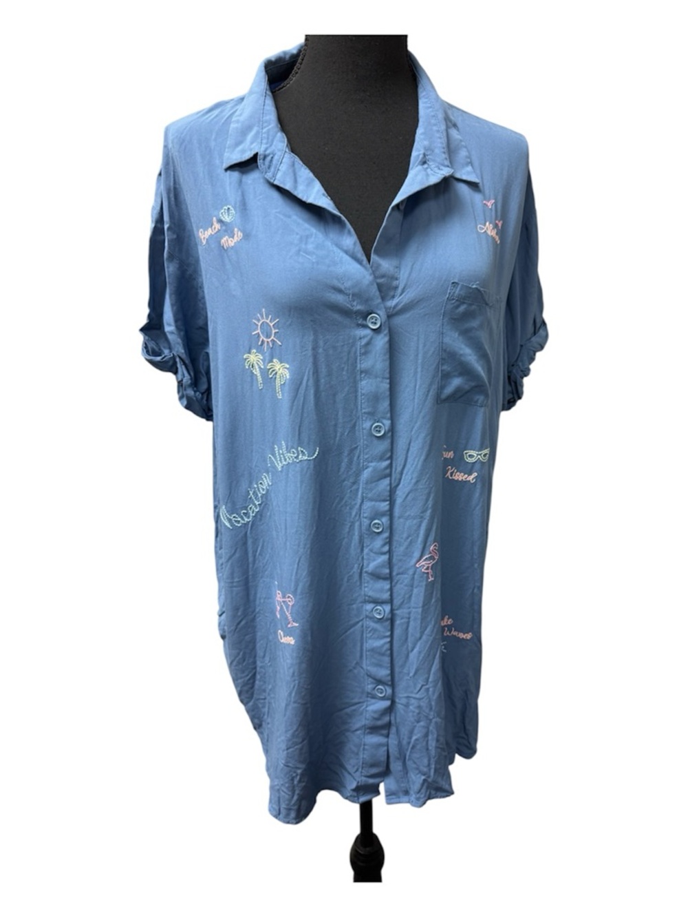 Jasmine Ginger Blue Embroidered Beach Button Shirt Tropical Top Large